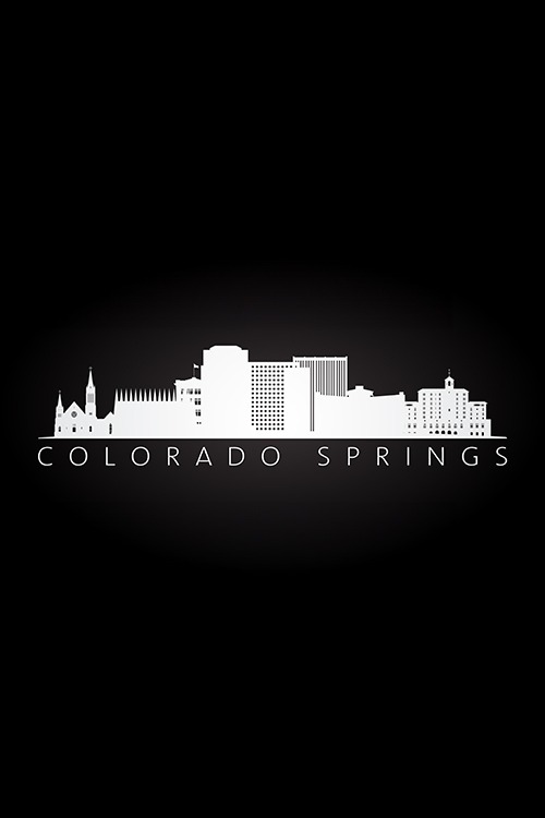 Line drawing of an outline of the cityscape of Colorado Springs.